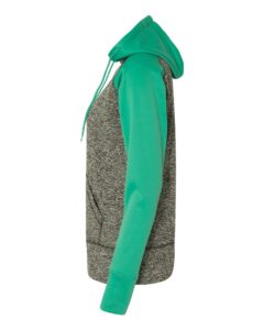 J. America 8618 Women’s Colorblocked Cosmic Fleece Hooded Sweatshirt – Charcoal Fleck/ Emerald (side)