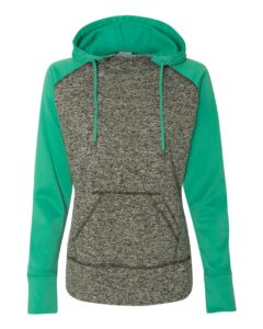 J. America 8618 Women’s Colorblocked Cosmic Fleece Hooded Sweatshirt – Charcoal Fleck/ Emerald