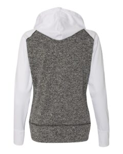 J. America 8618 Women’s Colorblocked Cosmic Fleece Hooded Sweatshirt – Charcoal Fleck/ White (back)