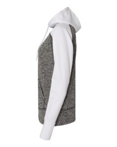J. America 8618 Women’s Colorblocked Cosmic Fleece Hooded Sweatshirt – Charcoal Fleck/ White (side)