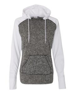 J. America 8618 Women’s Colorblocked Cosmic Fleece Hooded Sweatshirt – Charcoal Fleck/ White