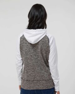 J. America 8618 Women’s Colorblocked Cosmic Fleece Hooded Sweatshirt – Charcoal Fleck/ White (on model back)