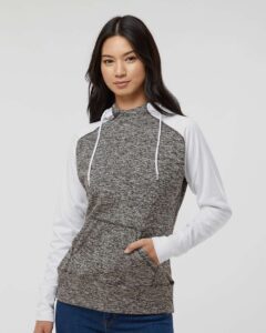 J. America 8618 Women’s Colorblocked Cosmic Fleece Hooded Sweatshirt – Charcoal Fleck/ White (on model)