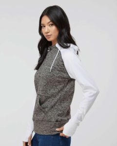 J. America 8618 Women’s Colorblocked Cosmic Fleece Hooded Sweatshirt – Charcoal Fleck/ White (on model side)