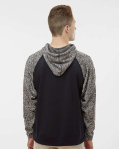 J. America 8612 Men’s Colorblocked Cosmic Fleece Hooded Sweatshirt – Black/ Charcoal Fleck (on model back)