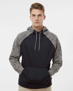 J. America 8612 Men’s Colorblocked Cosmic Fleece Hooded Sweatshirt – Black/ Charcoal Fleck (on model)