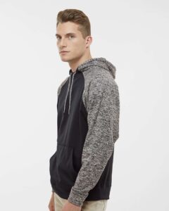J. America 8612 Men’s Colorblocked Cosmic Fleece Hooded Sweatshirt – Black/ Charcoal Fleck (on model side)