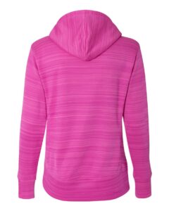 J. America 8662 Women’s Odyssey Striped Performance Fleece Lapover Hooded Sweatshirt – Passion Pink Stripe (back)