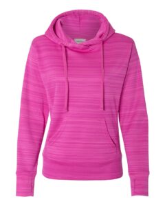 J. America 8662 Women’s Odyssey Striped Performance Fleece Lapover Hooded Sweatshirt – Passion Pink Stripe