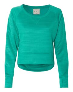 J. America 8663 Women’s Odyssey Striped Performance Fleece Hi-Low Crewneck Sweatshirt – Dynasty Green Stripe