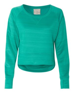 J. America 8663 Women’s Odyssey Striped Performance Fleece Hi-Low Crewneck Sweatshirt – Dynasty Green Stripe