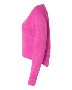 J. America 8663 Women’s Odyssey Striped Performance Fleece Hi-Low Crewneck Sweatshirt – Passion Pink Stripe (side)
