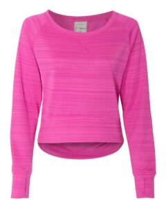 J. America 8663 Women’s Odyssey Striped Performance Fleece Hi-Low Crewneck Sweatshirt – Passion Pink Stripe