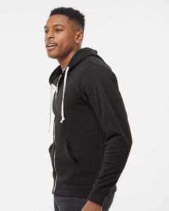 J. America 8872 Men’s Triblend Full-Zip Hooded Sweatshirt – Black Solid (on model side)