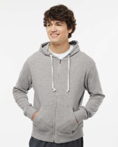 J. America 8872 Men’s Triblend Full-Zip Hooded Sweatshirt – Grey Triblend (on model)