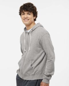 J. America 8872 Men’s Triblend Full-Zip Hooded Sweatshirt – Grey Triblend (on model side)