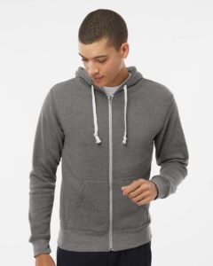 J. America 8872 Men’s Triblend Full-Zip Hooded Sweatshirt – Smoke Triblend (on model)