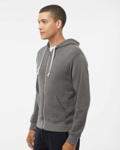 J. America 8872 Men’s Triblend Full-Zip Hooded Sweatshirt – Smoke Triblend (on model side)