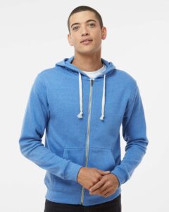 J. America 8872 Men’s Triblend Full-Zip Hooded Sweatshirt – Cool Royal Triblend (on model)
