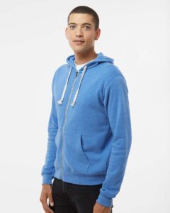 J. America 8872 Men’s Triblend Full-Zip Hooded Sweatshirt – Cool Royal Triblend (on model side)