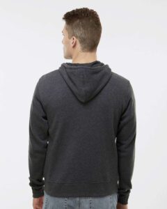 J. America 8872 Men’s Triblend Full-Zip Hooded Sweatshirt – Black Triblend (on model back)