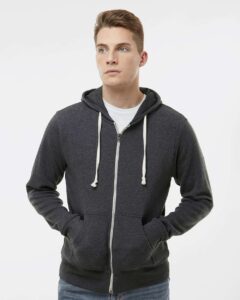 J. America 8872 Men’s Triblend Full-Zip Hooded Sweatshirt – Black Triblend (on model)