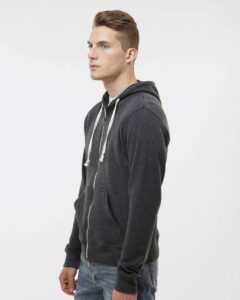 J. America 8872 Men’s Triblend Full-Zip Hooded Sweatshirt – Black Triblend (on model side)