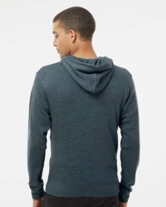 J. America 8872 Men’s Triblend Full-Zip Hooded Sweatshirt – Navy Triblend (on model back)