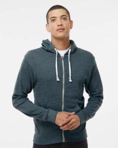 J. America 8872 Men’s Triblend Full-Zip Hooded Sweatshirt – Navy Triblend (on model)