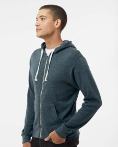 J. America 8872 Men’s Triblend Full-Zip Hooded Sweatshirt – Navy Triblend (on model side)