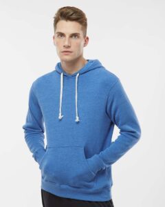 J. America 8871 Men’s Triblend Fleece Hooded Sweatshirt – Cool Royal Triblend (on model)