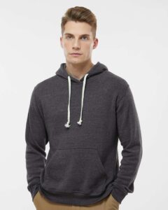 J. America 8871 Men’s Triblend Fleece Hooded Sweatshirt – Black Triblend (on model)
