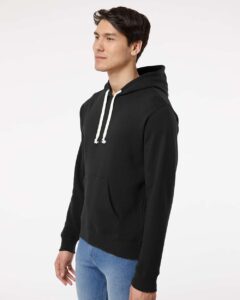J. America 8871 Men’s Triblend Fleece Hooded Sweatshirt – Black Solid (on model back)