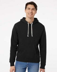 J. America 8871 Men’s Triblend Fleece Hooded Sweatshirt – Black Solid (on model)