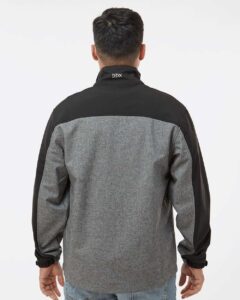 DRI DUCK 5350 Men’s Motion Soft Shell Jacket – Black Heather/ Black (on model back)