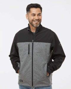 DRI DUCK 5350 Men’s Motion Soft Shell Jacket – Black Heather/ Black (on model)