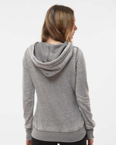 J. America 8912 Women’s Zen Fleece Hooded Sweatshirt – Cement (on model back)