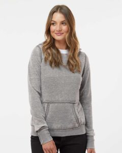 J. America 8912 Women’s Zen Fleece Hooded Sweatshirt – Cement (on model)