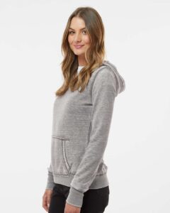 J. America 8912 Women’s Zen Fleece Hooded Sweatshirt – Cement (on model side)