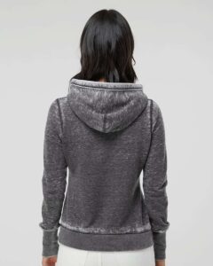 J. America 8912 Women’s Zen Fleece Hooded Sweatshirt – Dark Smoke (on model back)