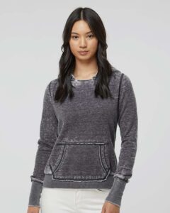 J. America 8912 Women’s Zen Fleece Hooded Sweatshirt – Dark Smoke (on model)