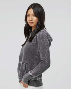 J. America 8912 Women’s Zen Fleece Hooded Sweatshirt – Dark Smoke (on model side)