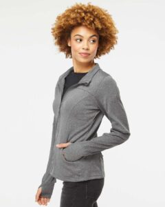 Independent Trading Co. EXP60PAZ Women’s Poly-Tech Full-Zip Track Jacket – Gunmetal Heather (on model side)