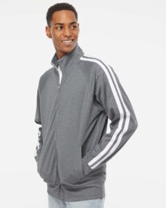 Independent Trading Co. EXP70PTZ Men’s Lightweight Poly-Tech Full-Zip Track Jacket – Gunmetal Heather (on model side)