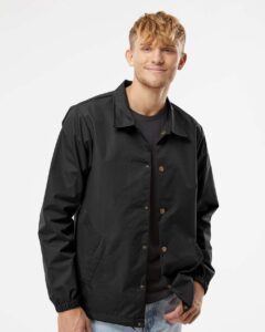 Independent Trading Co. EXP99CNB Men’s Water-Resistant Windbreaker Coach’s Jacket – Black (on model)