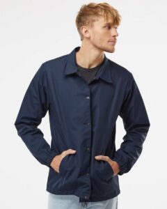 Independent Trading Co. EXP99CNB Men’s Water-Resistant Windbreaker Coach’s Jacket – Classic Navy (on model)