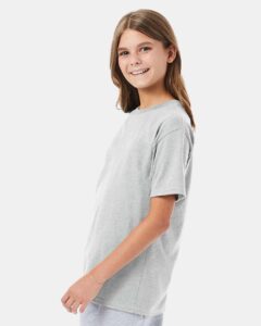 Hanes 498Y Youth Perfect-T T-Shirt – Ash (on model side)