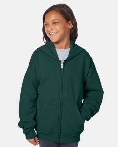 Hanes P480 Youth EcoSmart® Full-Zip Hooded Sweatshirt – Deep Forest (on model)