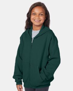 Hanes P480 Youth EcoSmart® Full-Zip Hooded Sweatshirt – Deep Forest (on model side)