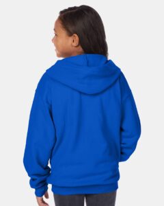 Hanes P480 Youth EcoSmart® Full-Zip Hooded Sweatshirt – Deep Royal (on model back)